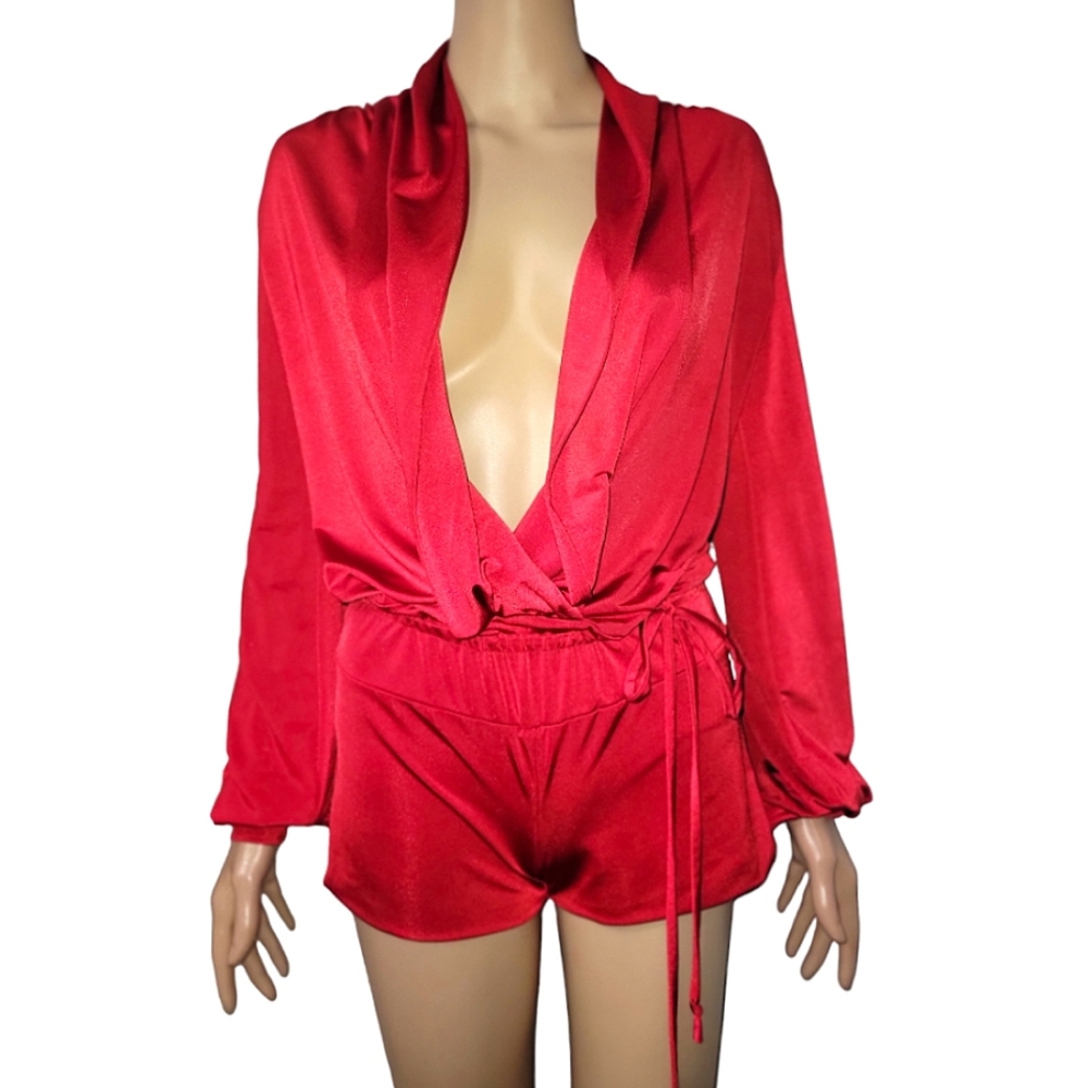 Red long shorts sleeve romper